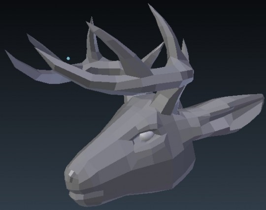 1,632 tri so far, not counting the eyes. (That's according to Blender.)